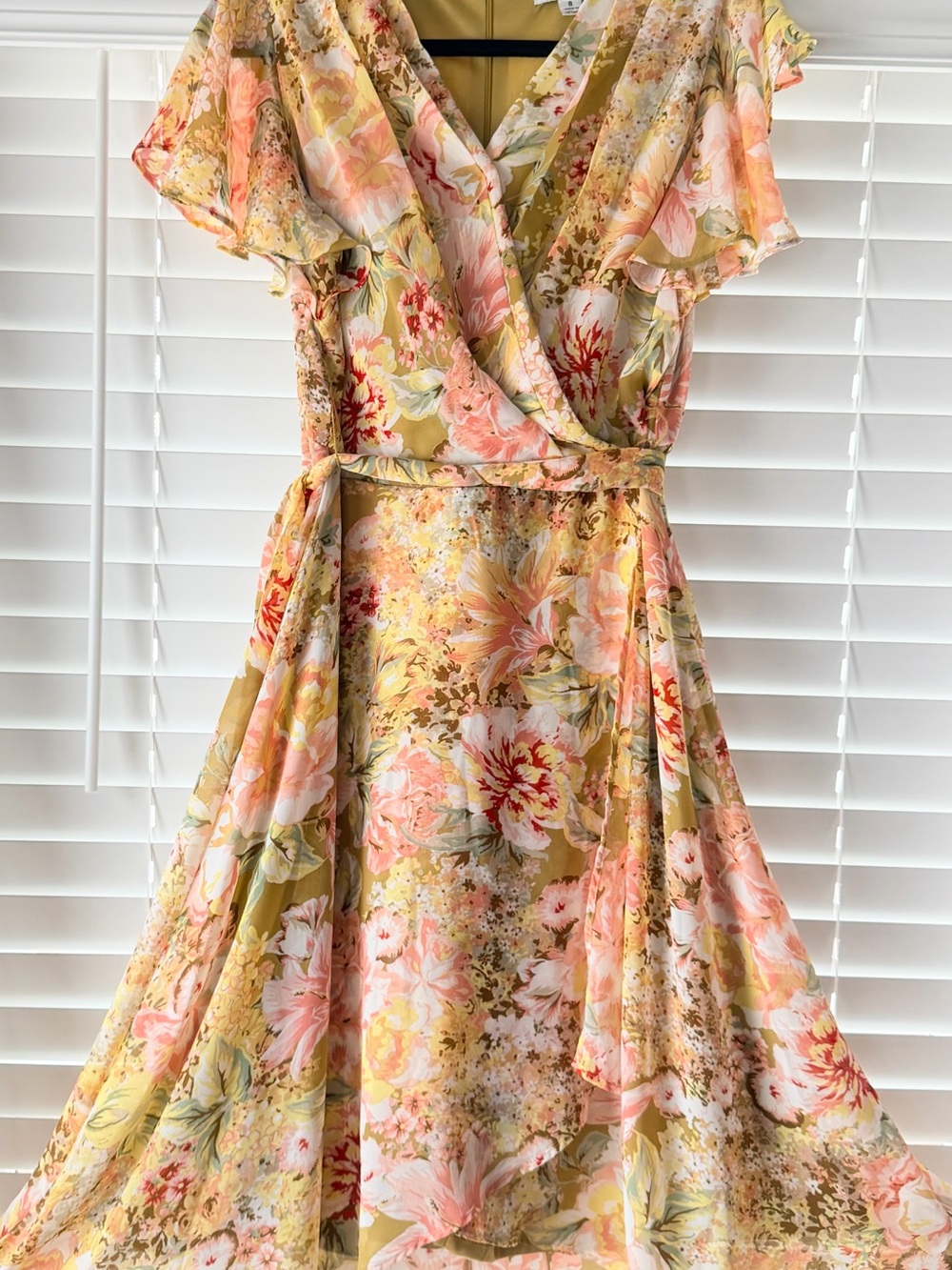 Shelby & Palmer Yellow Floral Wrap Midi Dress with Pink Accents